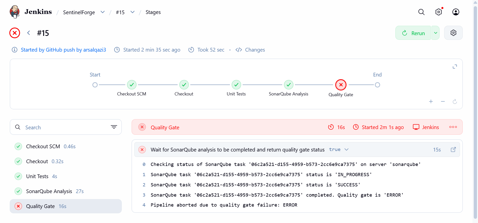 SentinelForge: SonarQube gate blocks the Jenkins build